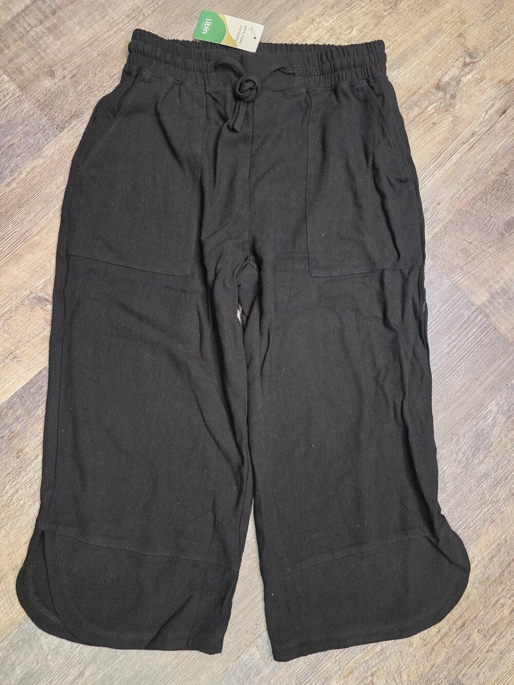 Libin Size S Black Wide Leg Crop Pants Linen Cotton Viscose Blend NWT